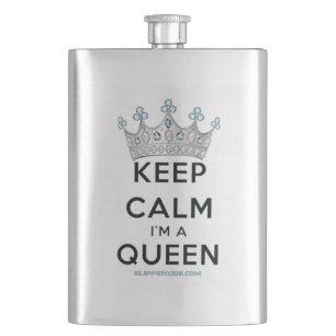 SlipperyJoe's keep calm queen polished silver crow Hip Flask