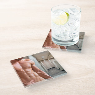 SlipperyJoe's Man sixpack sexy muscles locker room Glass Coaster