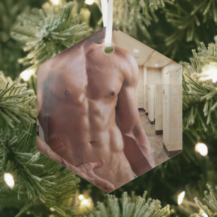 SlipperyJoe's Man sixpack shirtless sexy muscular Glass Tree Decoration