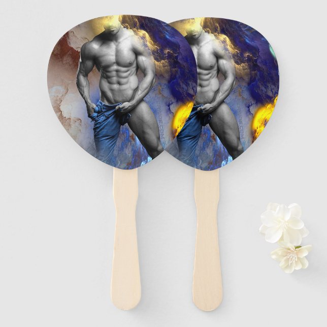 SlipperyJoe's Man steamy shirtless abs sixpack put Hand Fan (Front and Back)