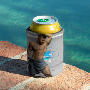 SlipperyJoe's Man towel broken white brick wall ba Can Cooler