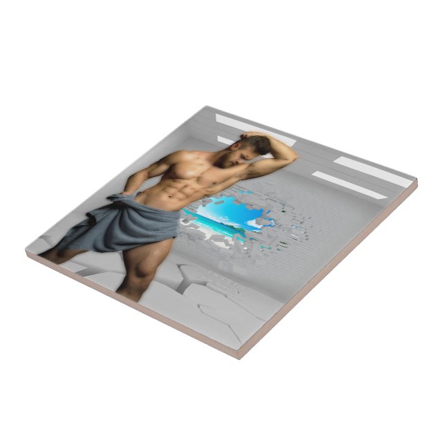 SlipperyJoe's Man towel broken white brick wall ba Ceramic Tile (Side)
