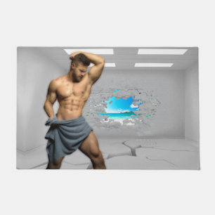 SlipperyJoe's Man towel broken white brick wall ba Doormat
