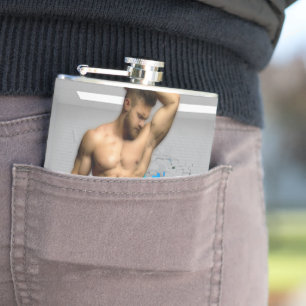 SlipperyJoe's Man towel broken white brick wall ba Hip Flask