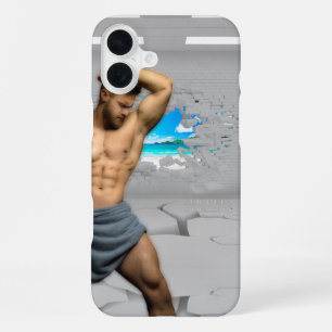 SlipperyJoe's Man towel broken white brick wall ba iPhone 16 Plus Case