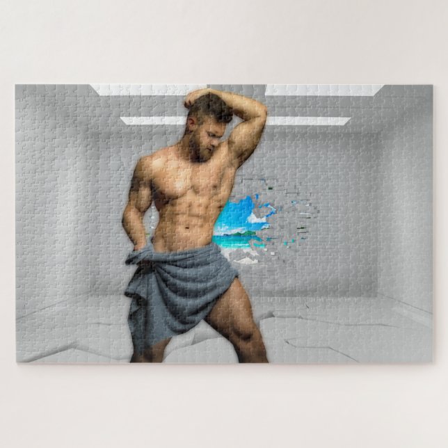 SlipperyJoe's Man towel broken white brick wall ba Jigsaw Puzzle (Horizontal)