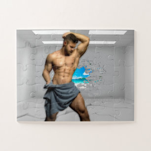 SlipperyJoe's Man towel broken white brick wall ba Jigsaw Puzzle