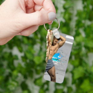 SlipperyJoe's Man towel broken white brick wall ba Key Ring