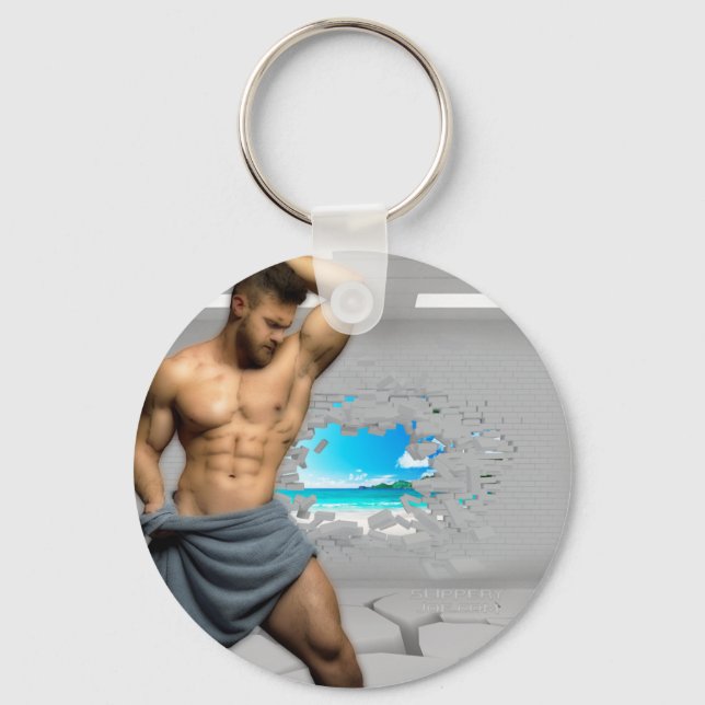 SlipperyJoe's Man towel broken white brick wall ba Key Ring (Front)