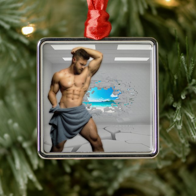 SlipperyJoe's Man towel broken white brick wall ba Metal Ornament (Tree)