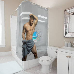 SlipperyJoe's Man towel broken white brick wall ba Shower Curtain