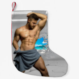 SlipperyJoe's Man towel broken white brick wall ba Small Christmas Stocking