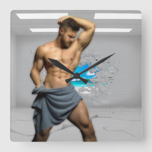 SlipperyJoe's Man towel broken white brick wall ba Square Wall Clock