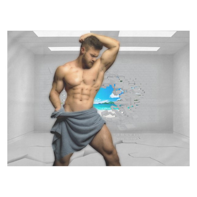 SlipperyJoe's Man towel broken white brick wall ba Tablecloth (Front (Horizontal))