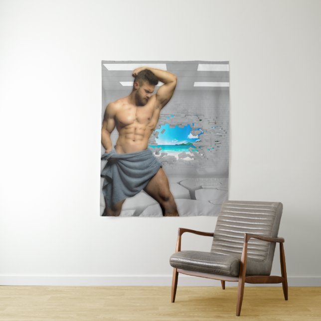 SlipperyJoe's Man towel broken white brick wall ba Tapestry (In Situ)