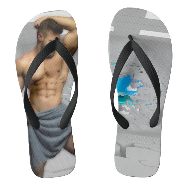 SlipperyJoe's Man towel broken white brick wall ba Thongs (Footbed)