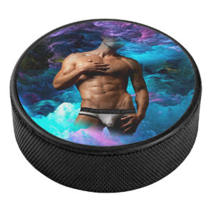 SlipperyJoe's Man underwear bulge purple blue abst Hockey Puck