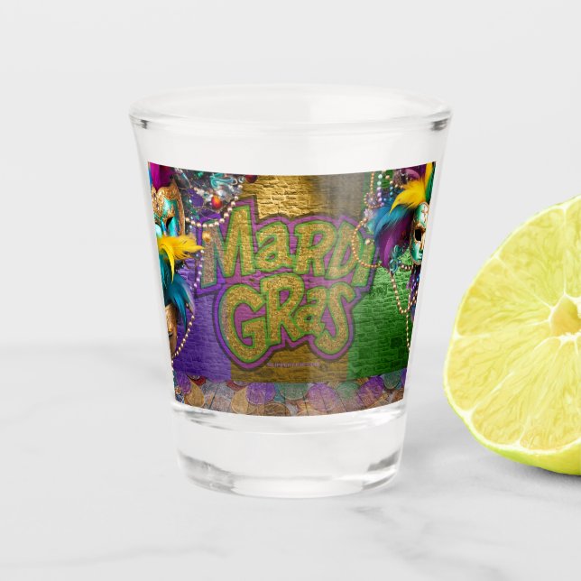 SlipperyJoe's Mardi Gras Bead Necklaces doubloons  Shot Glass (Front)