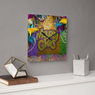 SlipperyJoe's Mardi Gras Bead Necklaces doubloons Square Wall Clock