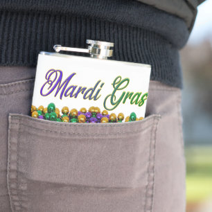 SlipperyJoe's Mardi Gras Bead Necklaces purple gol Hip Flask