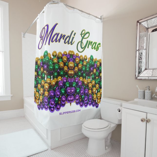 SlipperyJoe's Mardi Gras Bead Necklaces purple gol Shower Curtain (In Situ)