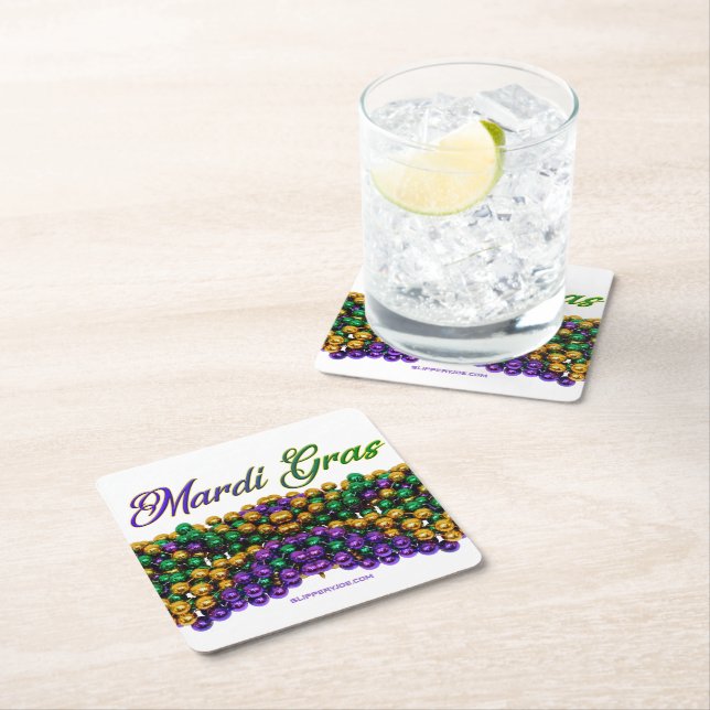 SlipperyJoe's Mardi Gras Bead Necklaces purple gol Square Paper Coaster (Insitu)