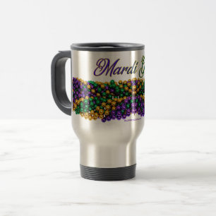 SlipperyJoe's Mardi Gras Bead Necklaces purple gol Travel Mug