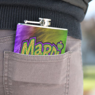 SlipperyJoe's Mardi Gras crown purple gold green w Hip Flask