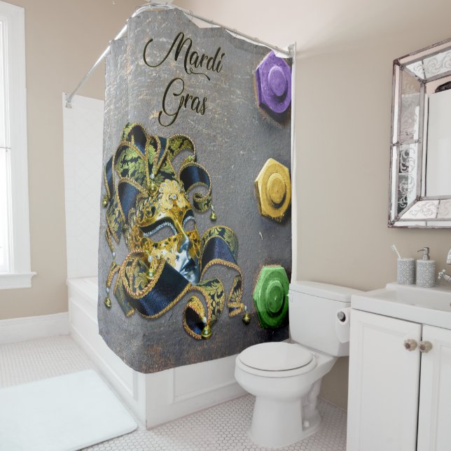 SlipperyJoe's Mardi Gras Mask purple gold green bl Shower Curtain (In Situ)