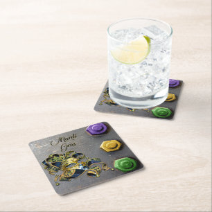 SlipperyJoe's Mardi Gras Mask purple gold green bl Square Paper Coaster