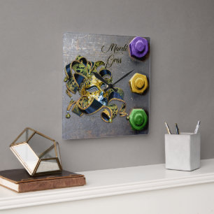 SlipperyJoe's Mardi Gras Mask purple gold green bl Square Wall Clock