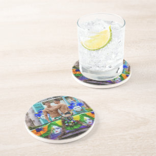 SlipperyJoe's Mardi Gras Men purple gold green bal Coaster