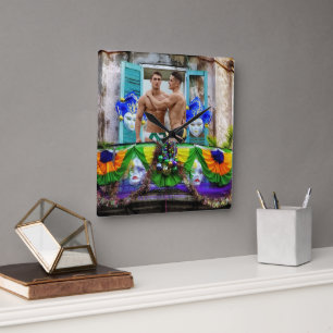 SlipperyJoe's Mardi Gras Men purple gold green bal Square Wall Clock