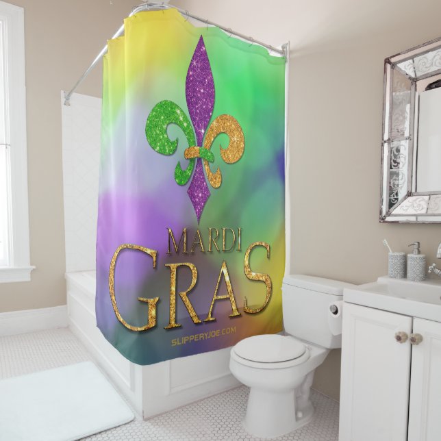 SlipperyJoe's Mardi Gras purple gold green fleur-d Shower Curtain (In Situ)
