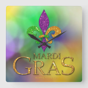 SlipperyJoe's Mardi Gras purple gold green fleur-d Square Wall Clock