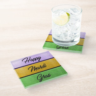 SlipperyJoe's Mardi Gras purple gold green metal s Glass Coaster