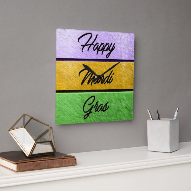 SlipperyJoe's Mardi Gras purple gold green metal s Square Wall Clock (Office)