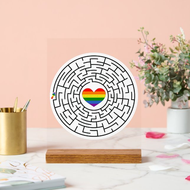 SlipperyJoe's maze encircles rainbow heart arrow m Acrylic Sign (Wedding)