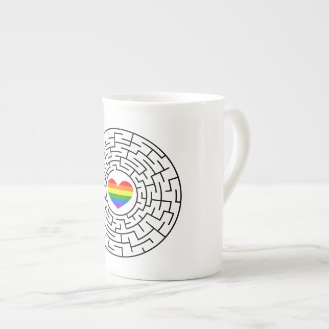 SlipperyJoe's maze encircles rainbow heart arrow m Bone China Mug (Front Right)