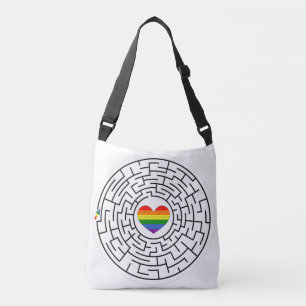 SlipperyJoe's maze encircles rainbow heart arrow m Crossbody Bag