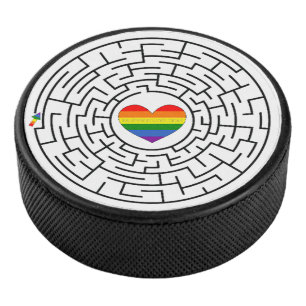 SlipperyJoe's maze encircles rainbow heart arrow m Hockey Puck