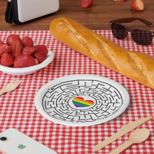 SlipperyJoe's maze encircles rainbow heart arrow m Paper Plate