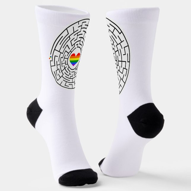 SlipperyJoe's maze encircles rainbow heart arrow m Socks (Angled)