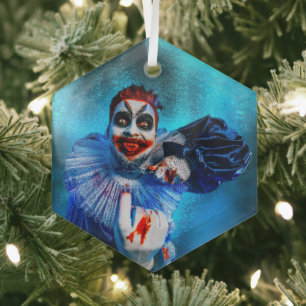 SlipperyJoe's menacing clown Happy Halloween red b Glass Tree Decoration