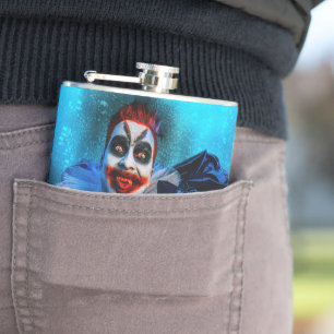 SlipperyJoe's menacing clown Happy Halloween red b Hip Flask