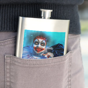 SlipperyJoe's menacing clown Happy Halloween red b Hip Flask