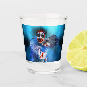 SlipperyJoe's menacing clown Happy Halloween red b Shot Glass
