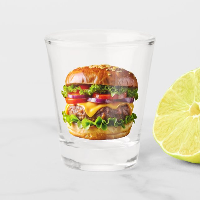 SlipperyJoe's mouthwatering stacked hamburger thic Shot Glass (Front)