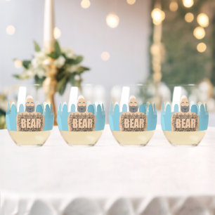 SlipperyJoe's muscular bald bear man stylised cart Stemless Wine Glass