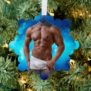 SlipperyJoe's muscular bearded man white underwear Tree Decoration Card